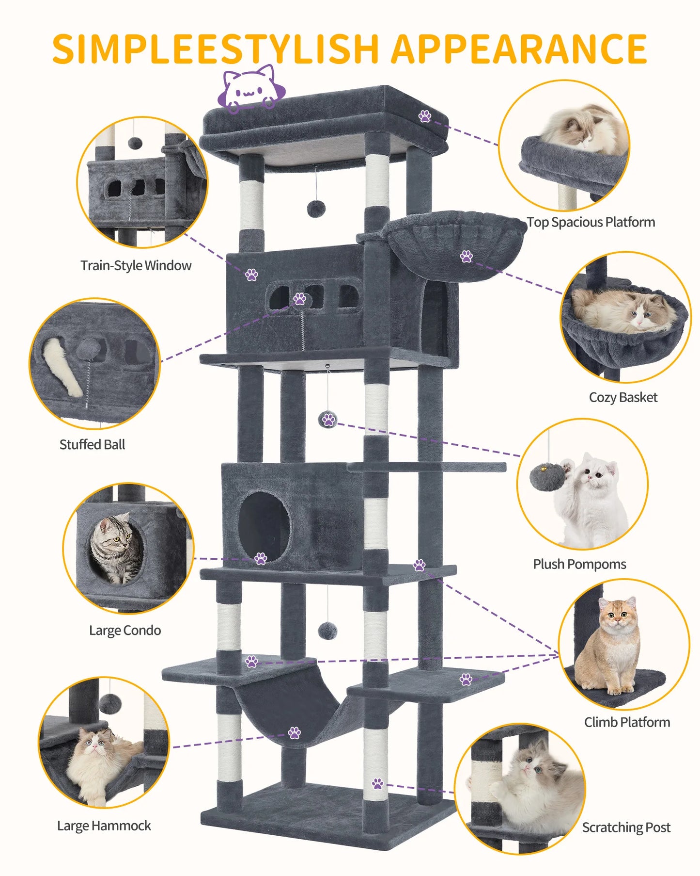 Maison Miaou™ 210 cm Luxury Cat Tree – Multi-Level Tower with Condo & 8 Scratching Posts