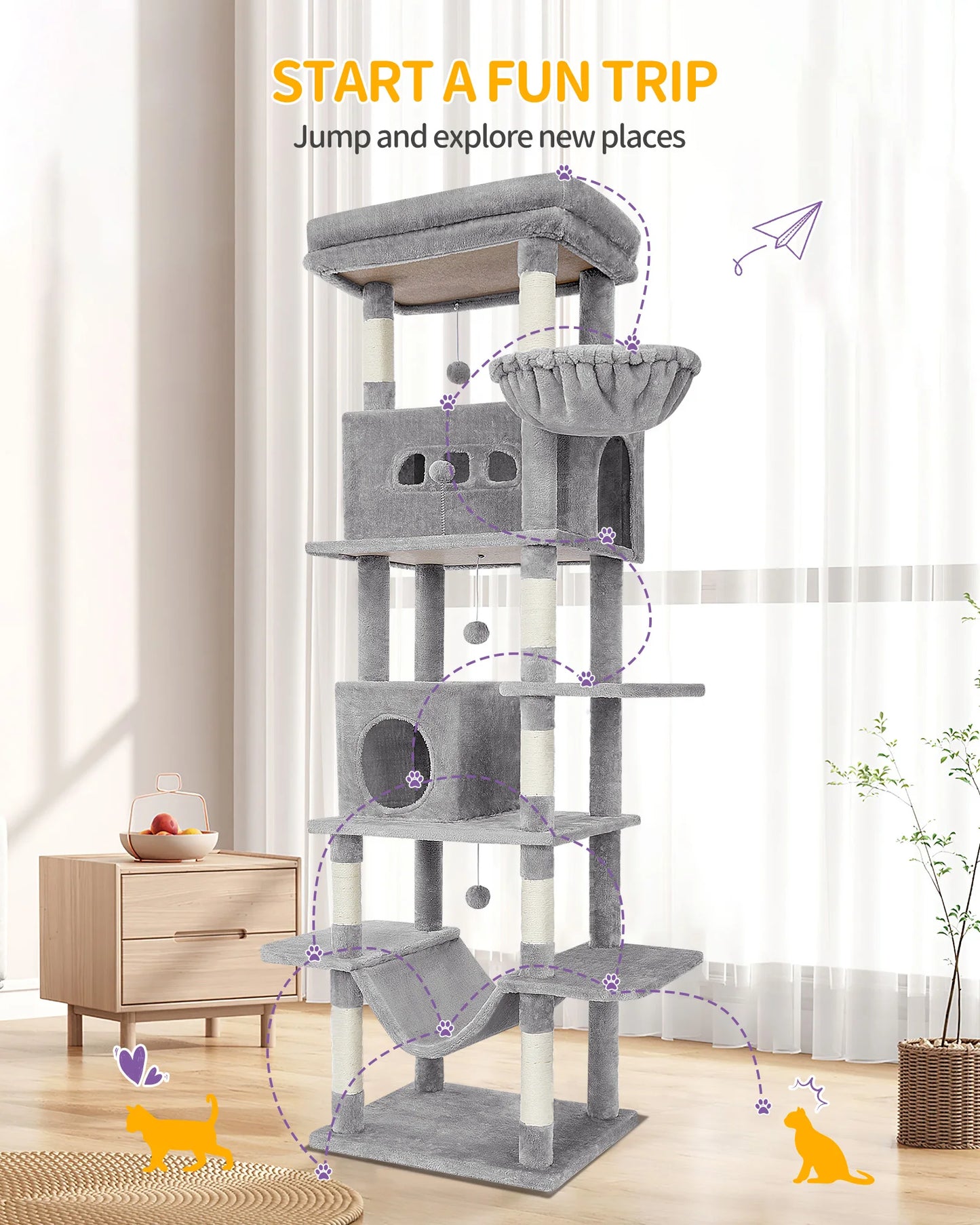 Maison Miaou™ 210 cm Luxury Cat Tree – Multi-Level Tower with Condo & 8 Scratching Posts