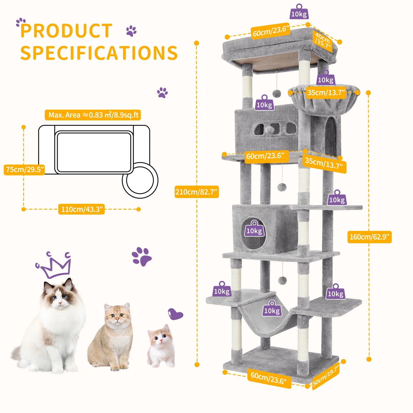 Maison Miaou™ 210 cm Luxury Cat Tree – Multi-Level Tower with Condo & 8 Scratching Posts