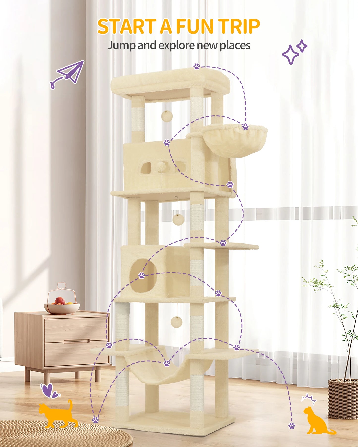 Maison Miaou™ 210 cm Luxury Cat Tree – Multi-Level Tower with Condo & 8 Scratching Posts